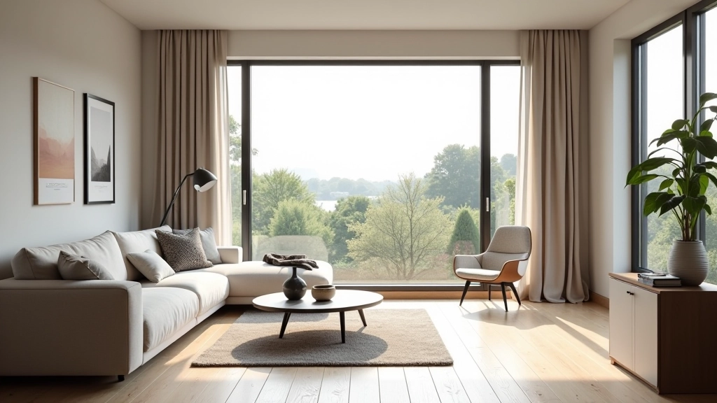 Moderne Wohnung mit modernem Interieur, großes Fenster mit Tageslicht und Möbeln